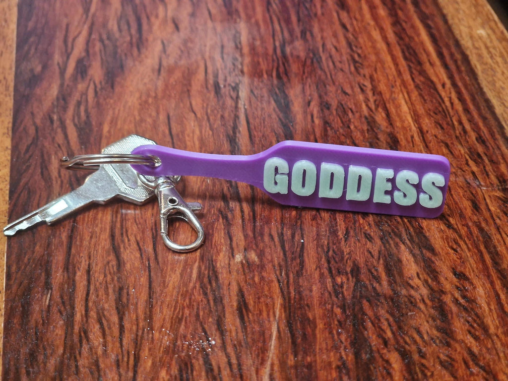 Glowy GODDESS Paddle Keychain - Joker Colours (Glowy Green & Purple)  - Kinky BDSM 3d-Printed Accessory (etsy image id: 7782572982)