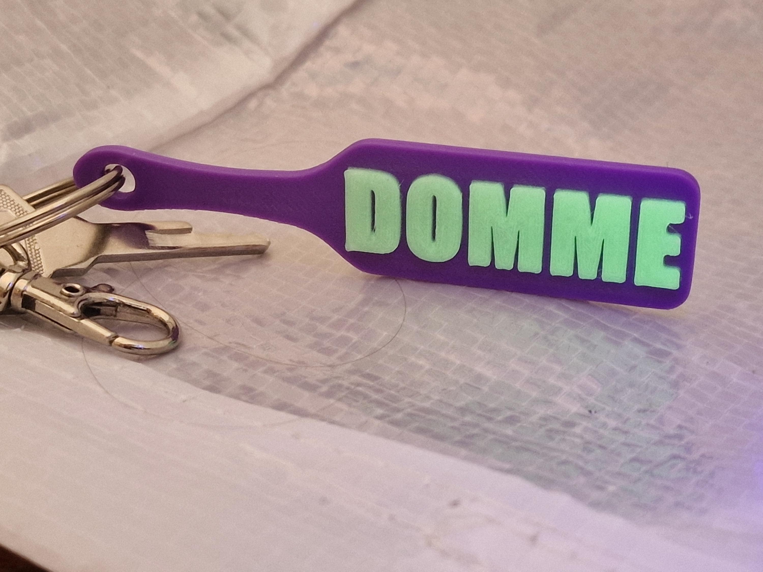 Glowy DOMME Paddle Keychain - Joker Colours (Glowy Green & Purple)  - Kinky BDSM 3d-Printed Accessory (etsy image id: 7830487621)