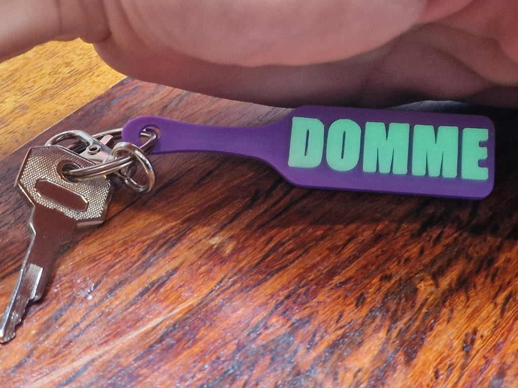Glowy DOMME Paddle Keychain - Joker Colours (Glowy Green & Purple)  - Kinky BDSM 3d-Printed Accessory (etsy image id: 7830487697)
