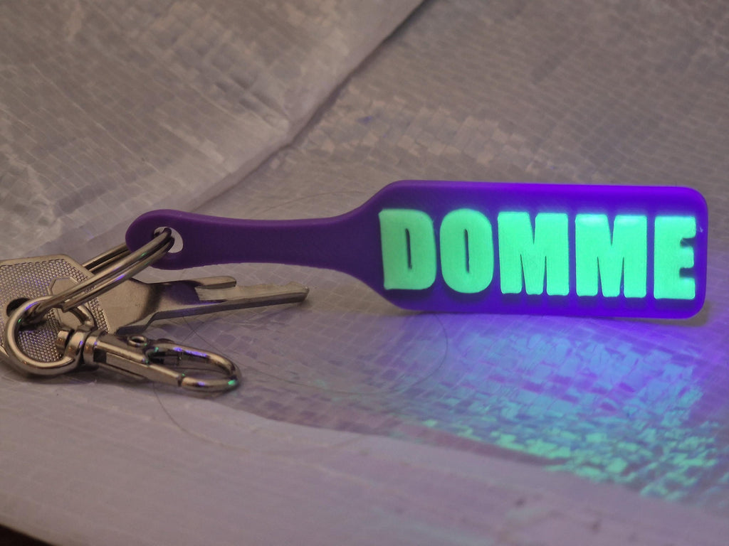 Glowy DOMME Paddle Keychain - Joker Colours (Glowy Green & Purple)  - Kinky BDSM 3d-Printed Accessory (etsy image id: 7830493969)