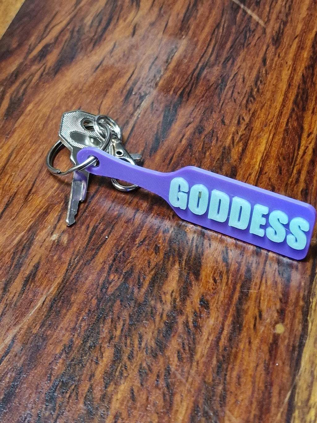 Glowy GODDESS Paddle Keychain - Joker Colours (Glowy Green & Purple)  - Kinky BDSM 3d-Printed Accessory (etsy image id: 7830496889)