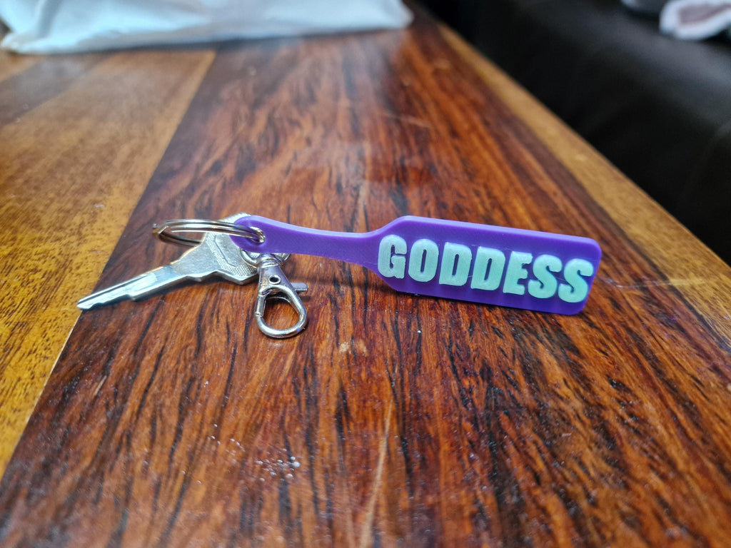 Glowy GODDESS Paddle Keychain - Joker Colours (Glowy Green & Purple)  - Kinky BDSM 3d-Printed Accessory (etsy image id: 7830497961)