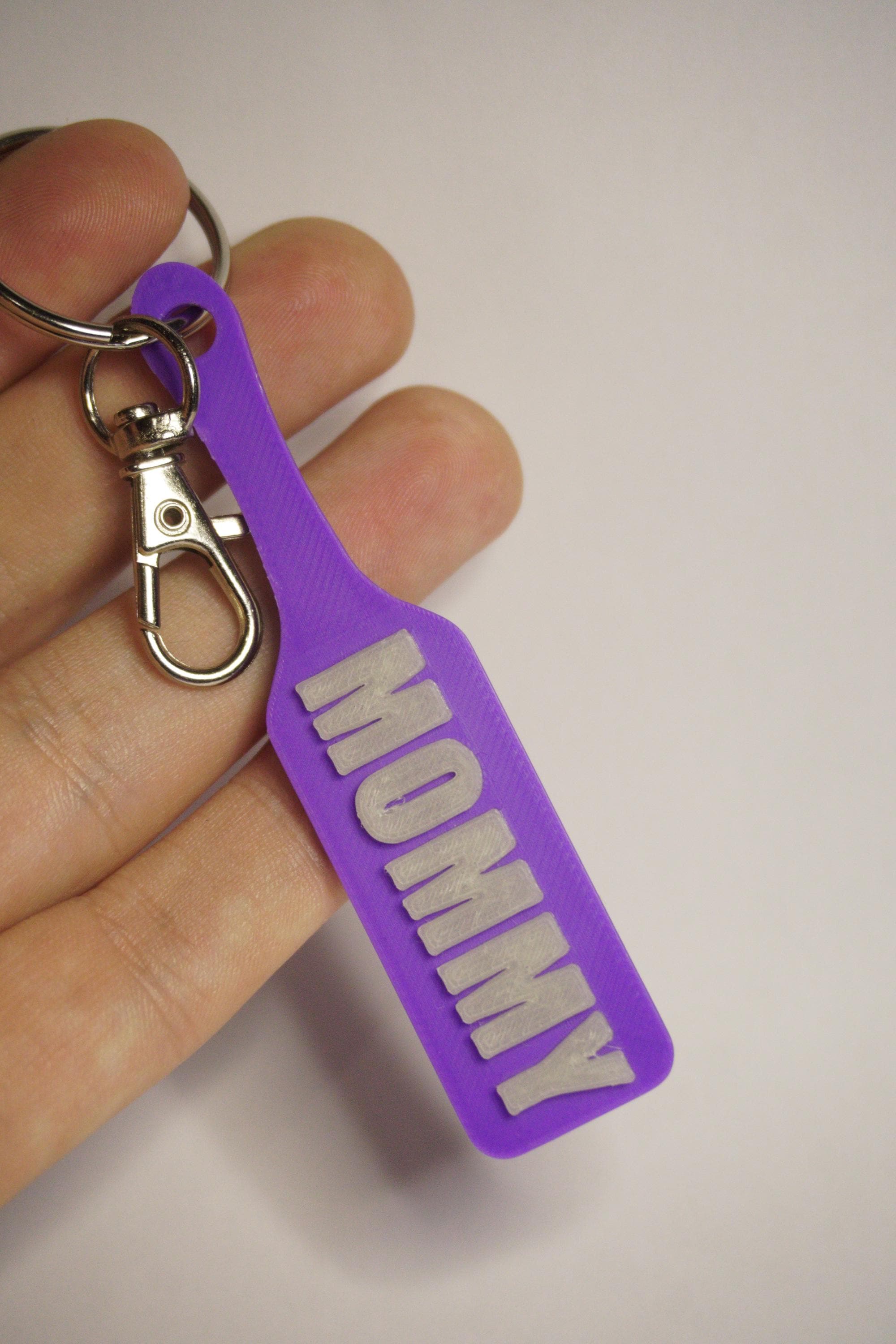 MOMMY Paddle Keychain - Jester Collection (Glowy Green & Purple)  - Kinky BDSM 3d-Printed Accessory (etsy image id: 7995596868)